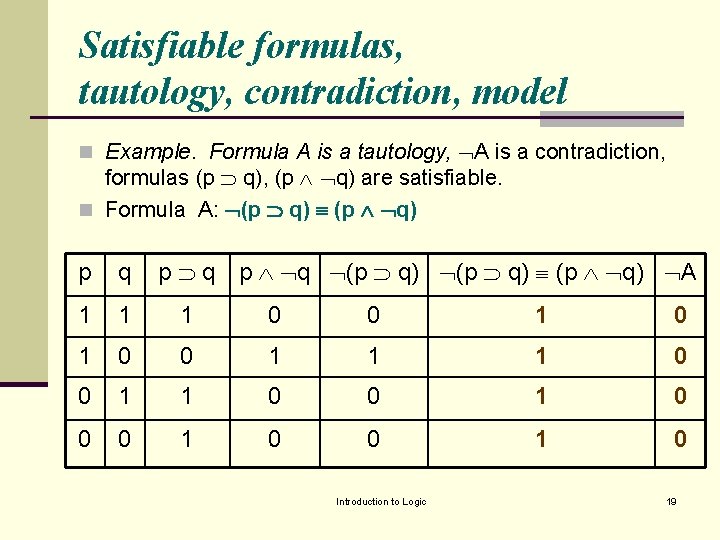 Satisfiable formulas, tautology, contradiction, model n Example. Formula A is a tautology, A is