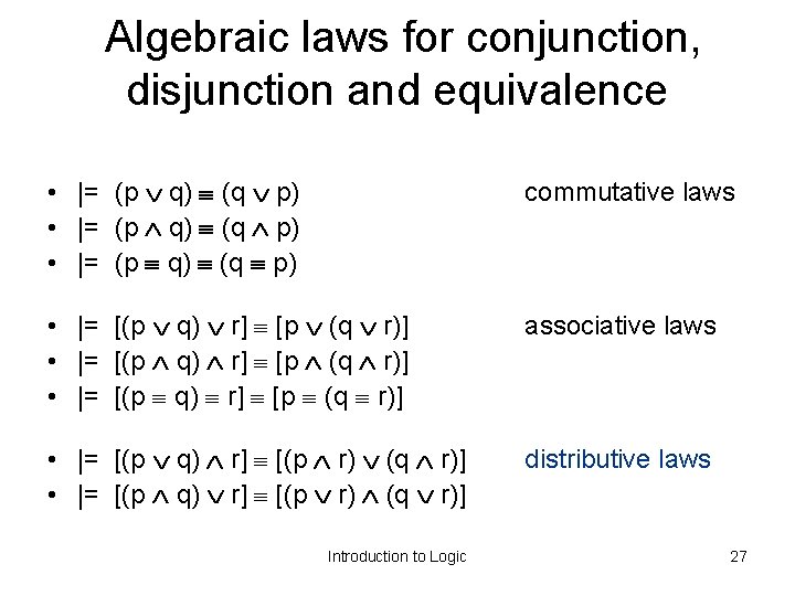 Algebraic laws for conjunction, disjunction and equivalence • |= (p q) (q p) commutative