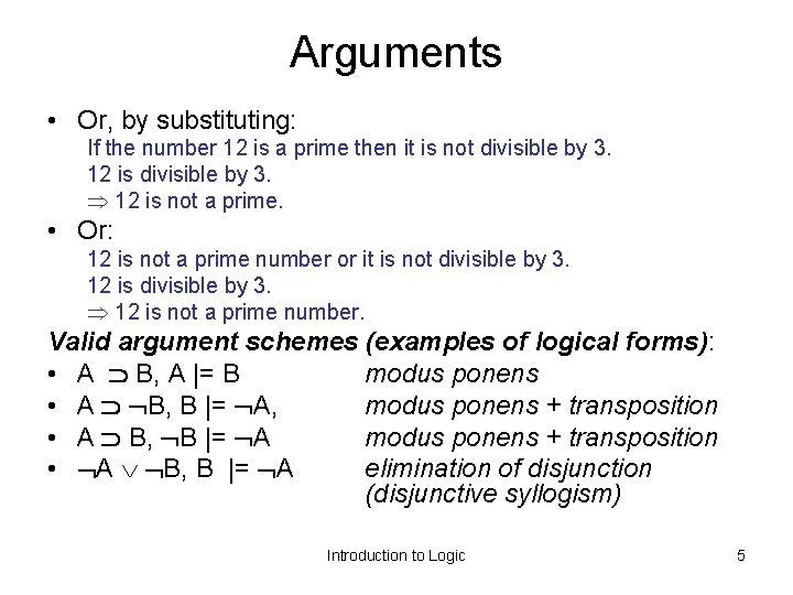 Arguments • Or, by substituting: If the number 12 is a prime then it