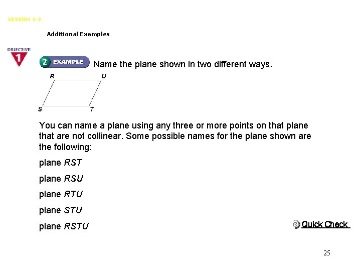 Points, Lines, and Planes LESSON 1 -3 Additional Examples Name the plane shown in