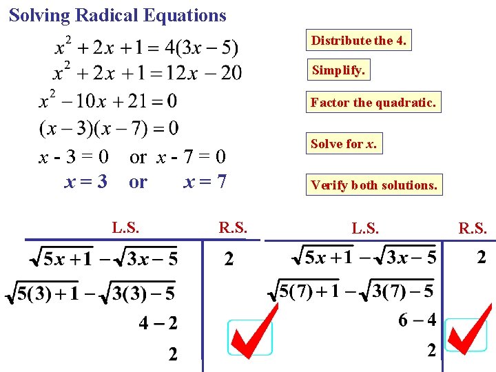 Solving Radical Equations Distribute the 4. Simplify. Factor the quadratic. x - 3 =