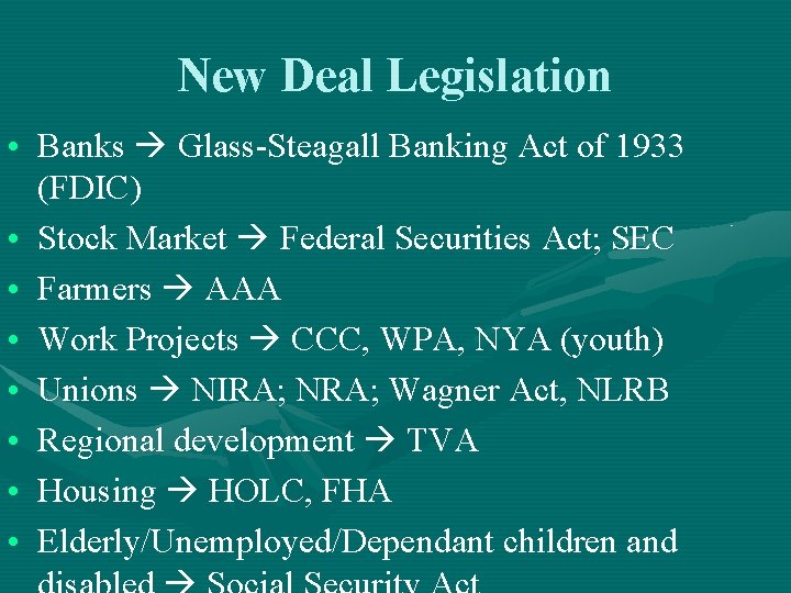 New Deal Legislation • Banks Glass-Steagall Banking Act of 1933 (FDIC) • Stock Market