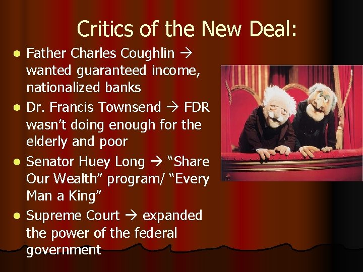 Critics of the New Deal: Father Charles Coughlin wanted guaranteed income, nationalized banks l