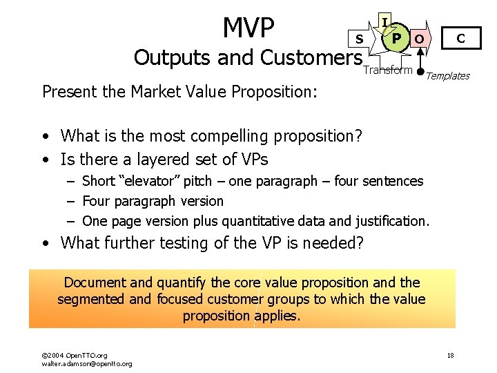 MVP I S P O Outputs and Customers. Transform Present the Market Value Proposition: MVP I S P O Outputs and Customers. Transform Present the Market Value Proposition: