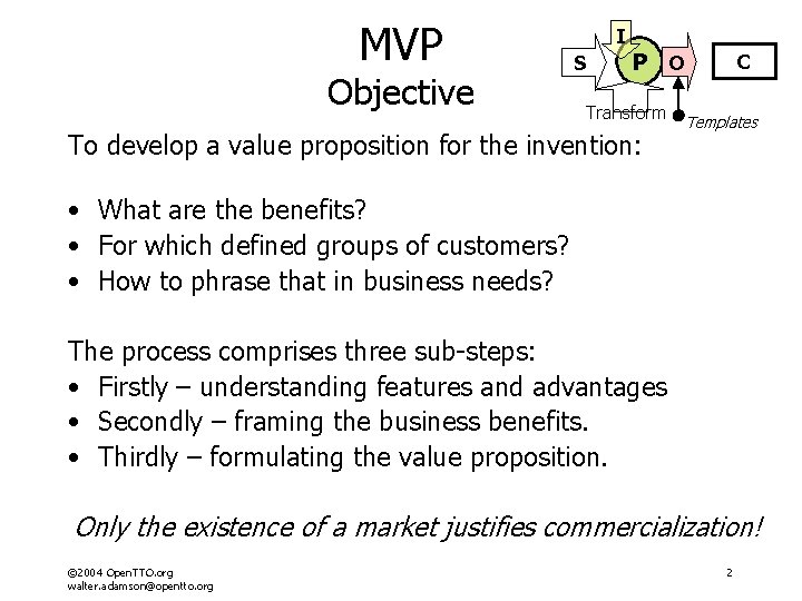 MVP Objective I S P O Transform To develop a value proposition for the MVP Objective I S P O Transform To develop a value proposition for the