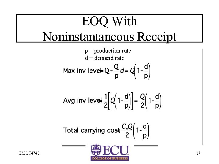EOQ With Noninstantaneous Receipt p = production rate d = demand rate OMGT 4743