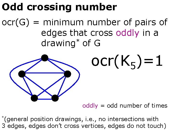 Odd crossing number ocr(G) = minimum number of pairs of edges that cross oddly