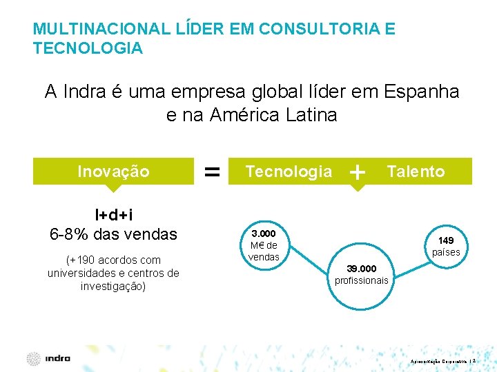 MULTINACIONAL LÍDER EM CONSULTORIA E TECNOLOGIA A Indra é uma empresa global líder em