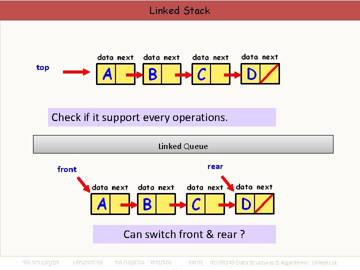 Linked Stack top Check if it support every operations. Linked Queue rear front Can