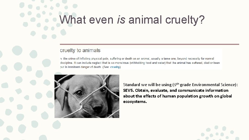 What even is animal cruelty? Standard we will be using (9 th grade Environmental