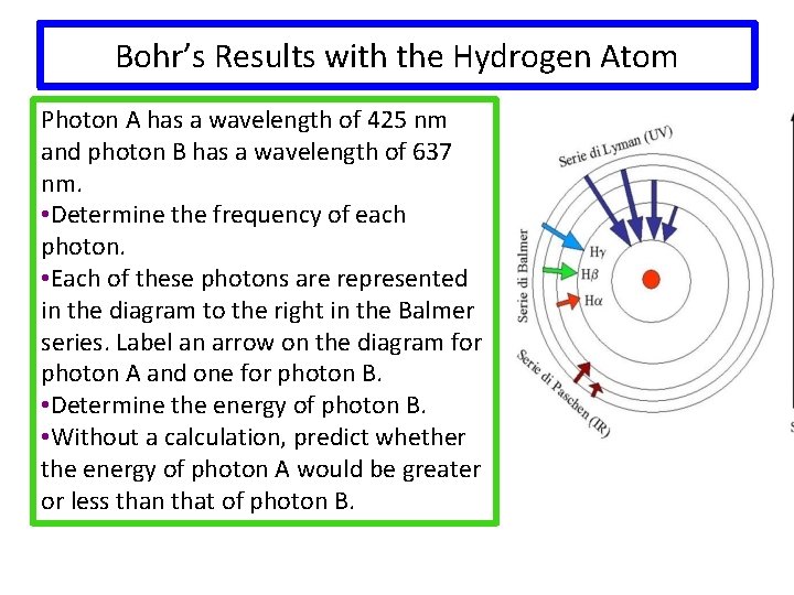 Bohr’s Results with the Hydrogen Atom Photon A has a wavelength of 425 nm