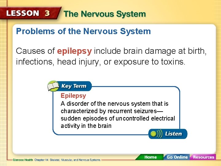Problems of the Nervous System Causes of epilepsy include brain damage at birth, infections,