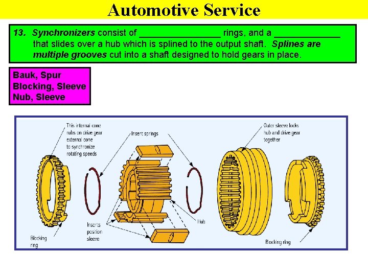 Automotive Service 13. Synchronizers consist of ________ rings, and a _______ that slides over