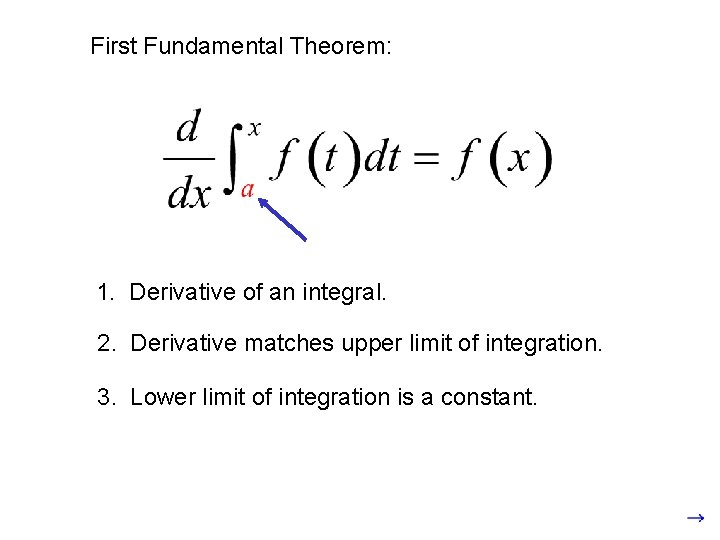 First Fundamental Theorem: 1. Derivative of an integral. 2. Derivative matches upper limit of