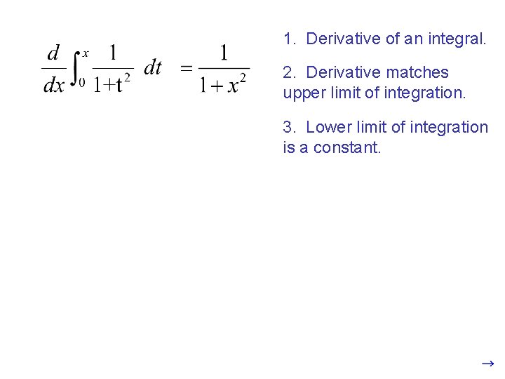 1. Derivative of an integral. 2. Derivative matches upper limit of integration. 3. Lower