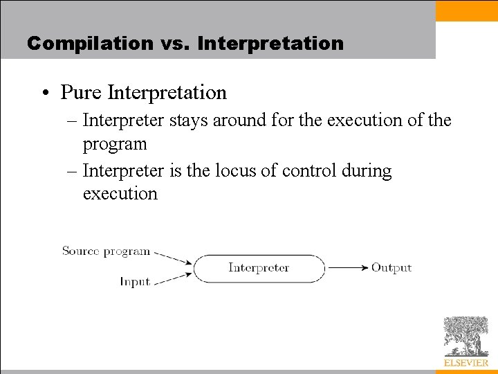 Compilation vs. Interpretation • Pure Interpretation – Interpreter stays around for the execution of