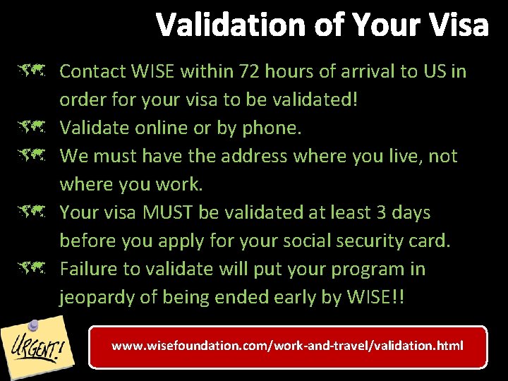 Validation of Your Visa û Contact WISE within 72 hours of arrival to US