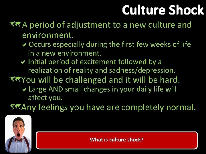 Culture Shock û A period of adjustment to a new culture and environment. Occurs