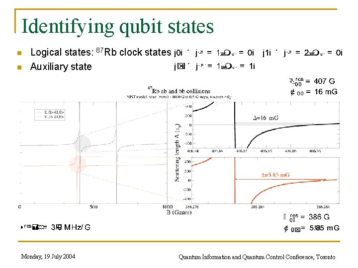 Identifying qubit states n n Logical states: 87 Rb clock states Auxiliary state Monday,