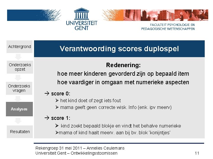 Achtergrond Onderzoeks opzet Onderzoeks vragen Analyses Verantwoording scores duplospel Redenering: hoe meer kinderen gevorderd