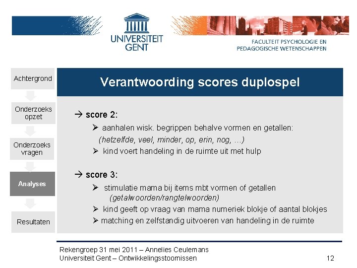 Achtergrond Onderzoeks opzet Onderzoeks vragen Analyses Resultaten Verantwoording scores duplospel score 2: Ø aanhalen
