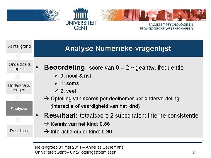 Achtergrond Onderzoeks opzet Onderzoeks vragen Analyses Analyse Numerieke vragenlijst • Beoordeling: score van 0