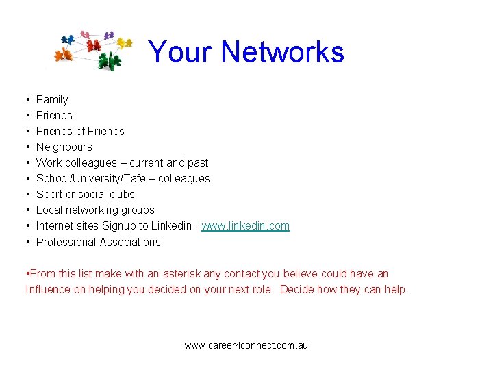 Your Networks • Family • Friends of Friends • Neighbours • Work colleagues –