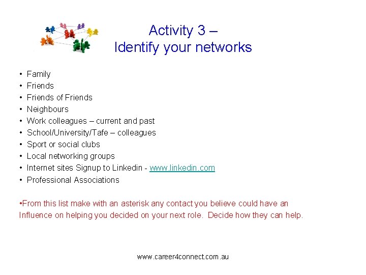 Activity 3 – Identify your networks • Family • Friends of Friends • Neighbours