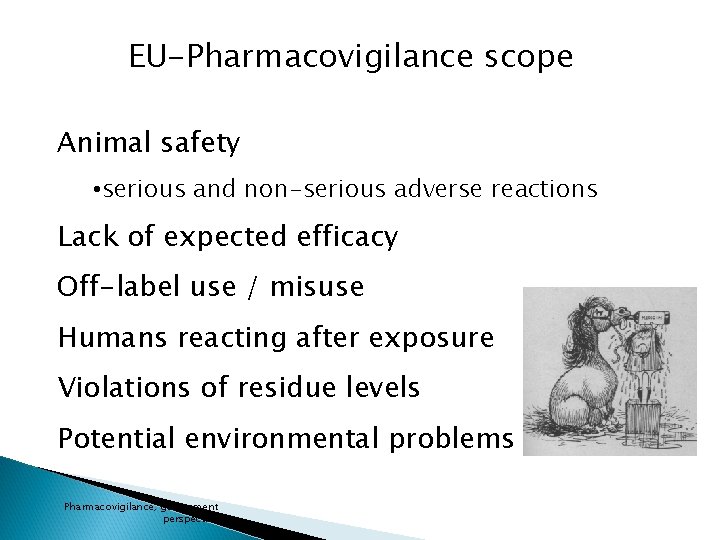 EU-Pharmacovigilance scope Animal safety • serious and non-serious adverse reactions Lack of expected efficacy