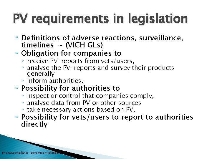 PV requirements in legislation Definitions of adverse reactions, surveillance, timelines ~ (VICH GLs) Obligation