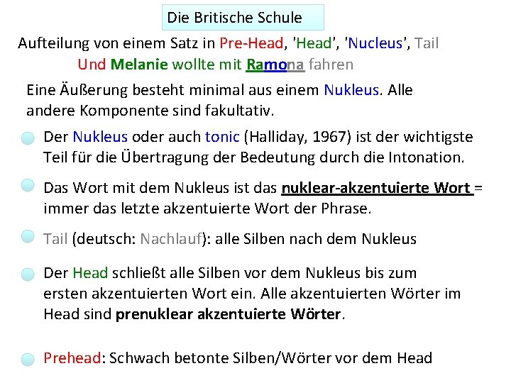 Die Britische Schule Aufteilung von einem Satz in Pre-Head, 'Head', 'Nucleus', Tail Und Melanie
