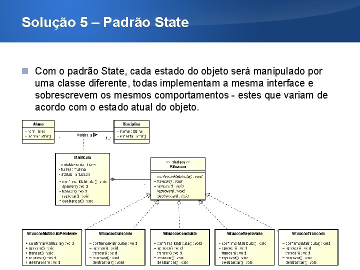 Solução 5 – Padrão State Com o padrão State, cada estado do objeto será