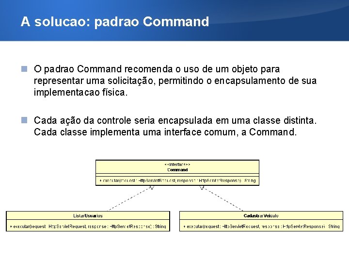 A solucao: padrao Command O padrao Command recomenda o uso de um objeto para