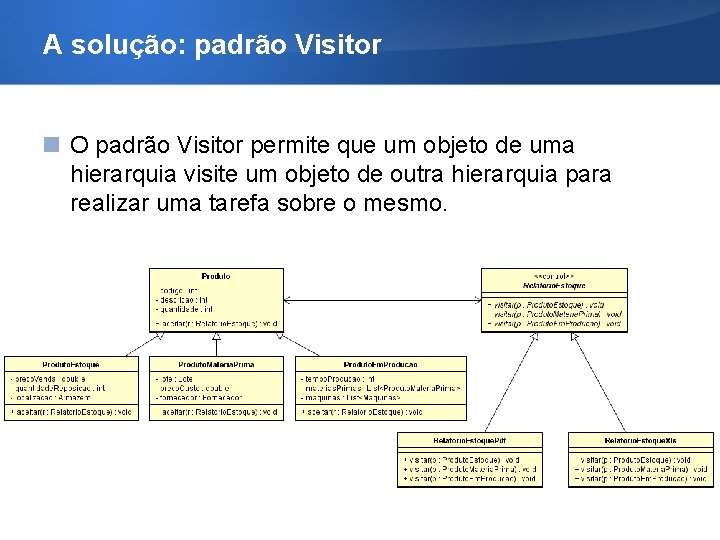 A solução: padrão Visitor O padrão Visitor permite que um objeto de uma hierarquia