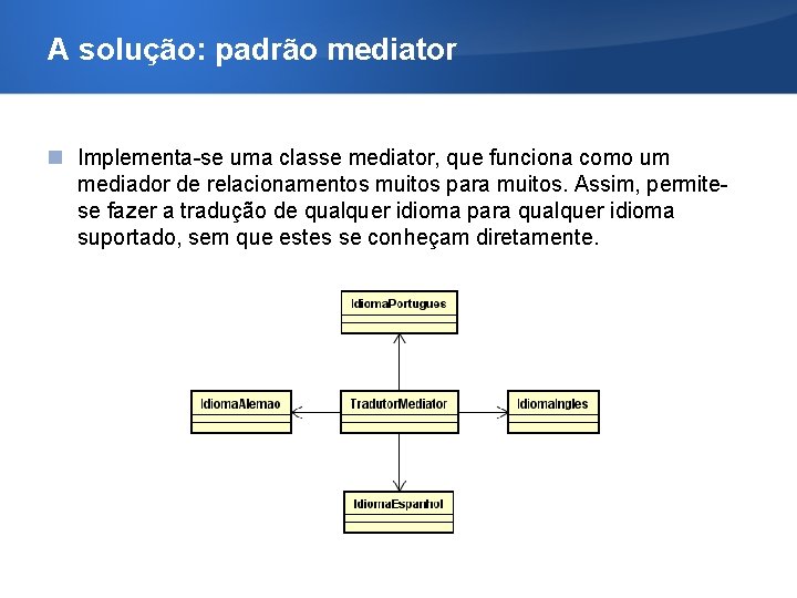 A solução: padrão mediator Implementa-se uma classe mediator, que funciona como um mediador de