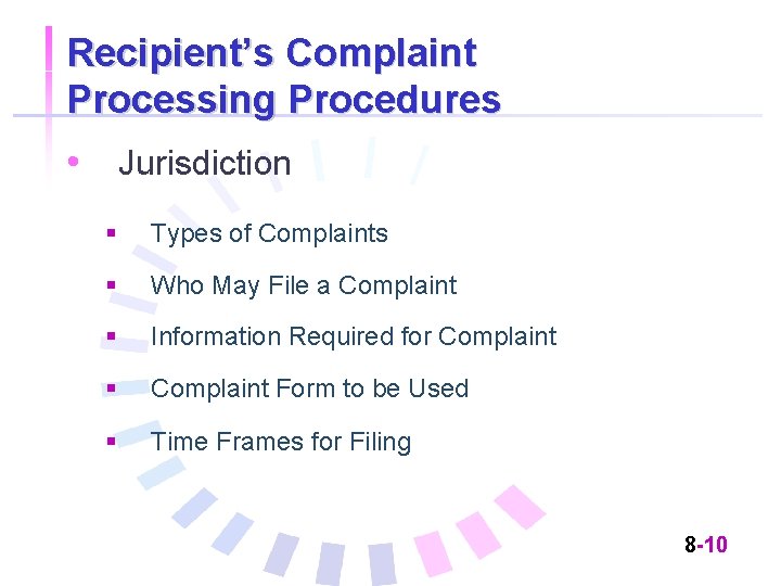 Recipient’s Complaint Processing Procedures • Jurisdiction § Types of Complaints § Who May File