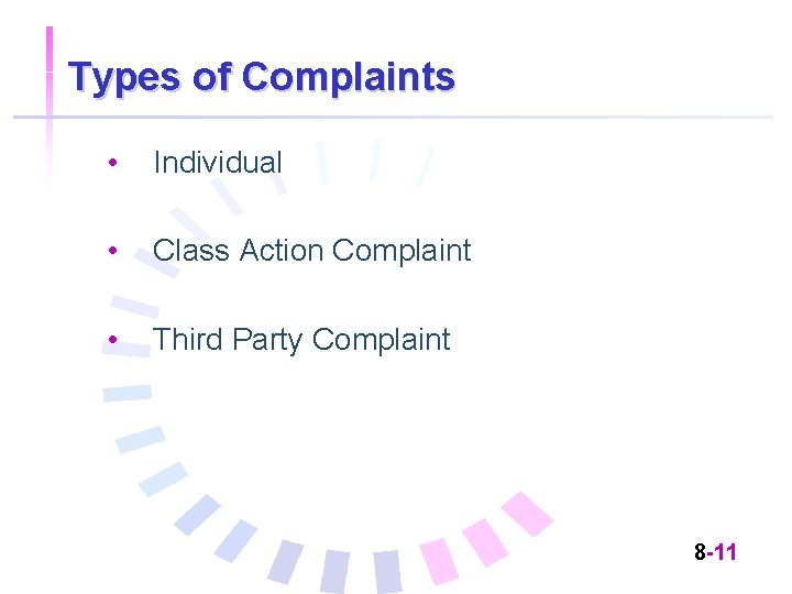 Types of Complaints • Individual • Class Action Complaint • Third Party Complaint 8