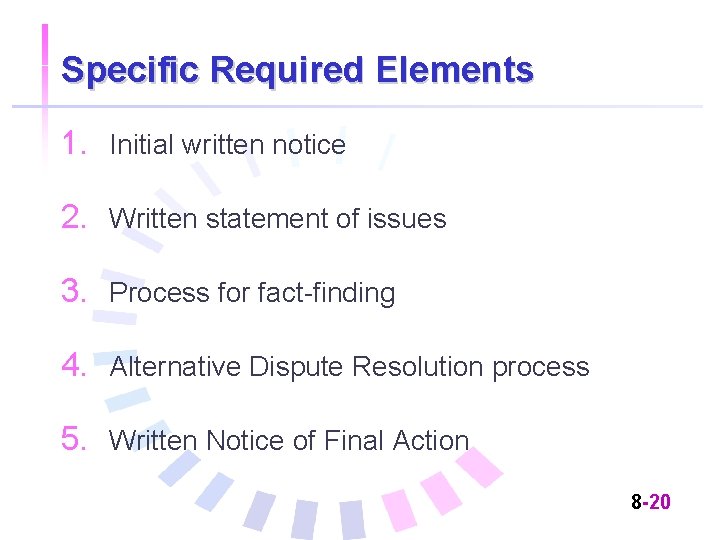 Specific Required Elements 1. Initial written notice 2. Written statement of issues 3. Process