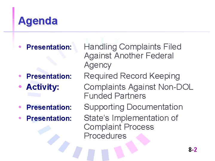 Agenda • Presentation: • Activity: • Presentation: Handling Complaints Filed Against Another Federal Agency