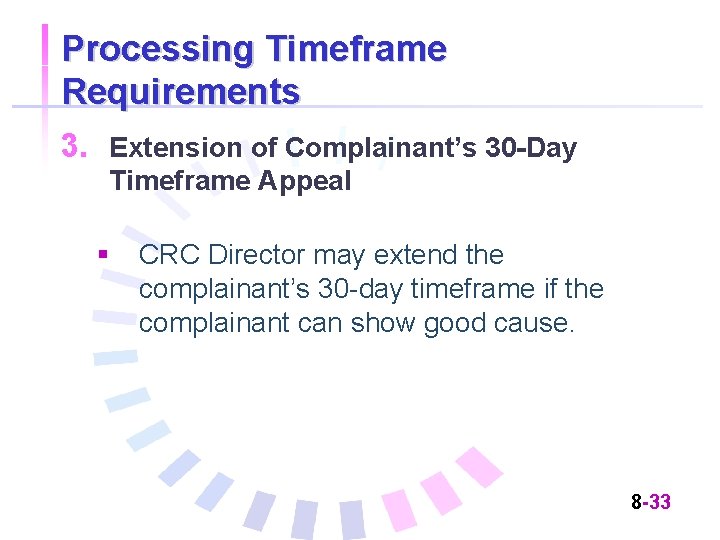 Processing Timeframe Requirements 3. Extension of Complainant’s 30 -Day Timeframe Appeal § CRC Director
