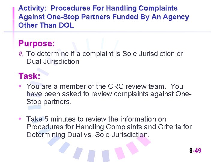 Activity: Procedures For Handling Complaints Against One-Stop Partners Funded By An Agency Other Than