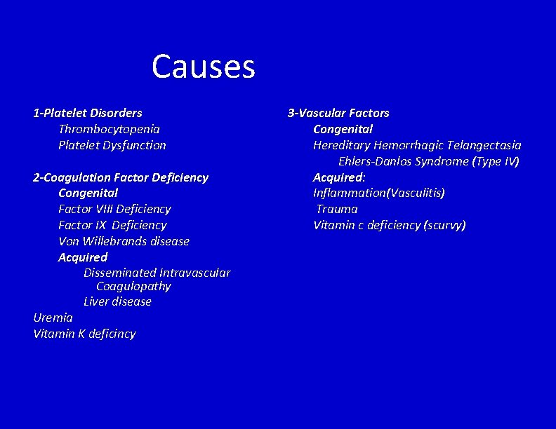 Causes 1 -Platelet Disorders Thrombocytopenia Platelet Dysfunction 2 -Coagulation Factor Deficiency Congenital Factor VIII