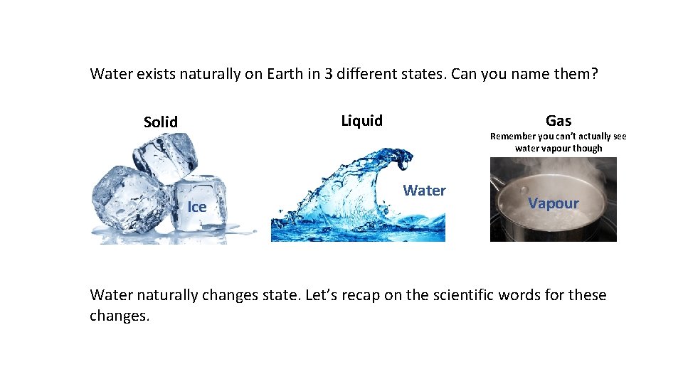 Water exists naturally on Earth in 3 different states. Can you name them? Liquid