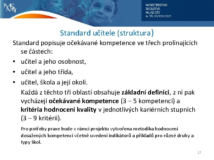 Standard učitele (struktura) Standard popisuje očekávané kompetence ve třech prolínajících se částech: • učitel