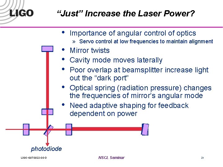 “Just” Increase the Laser Power? • • • Importance of angular control of optics