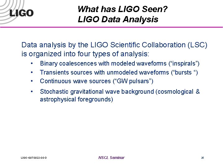 What has LIGO Seen? LIGO Data Analysis Data analysis by the LIGO Scientific Collaboration