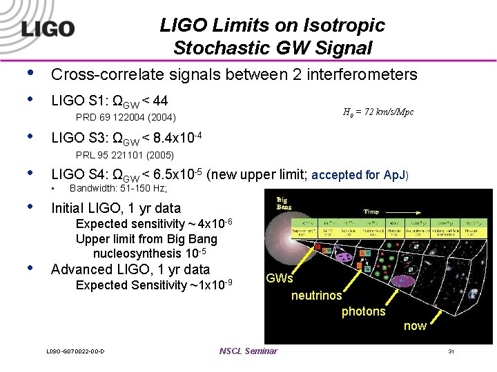 LIGO Limits on Isotropic Stochastic GW Signal • Cross-correlate signals between 2 interferometers •
