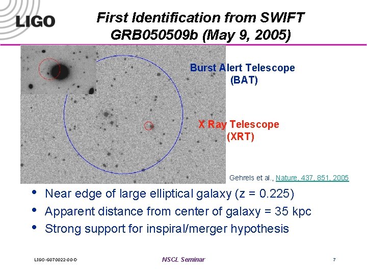 First Identification from SWIFT GRB 050509 b (May 9, 2005) Burst Alert Telescope (BAT)