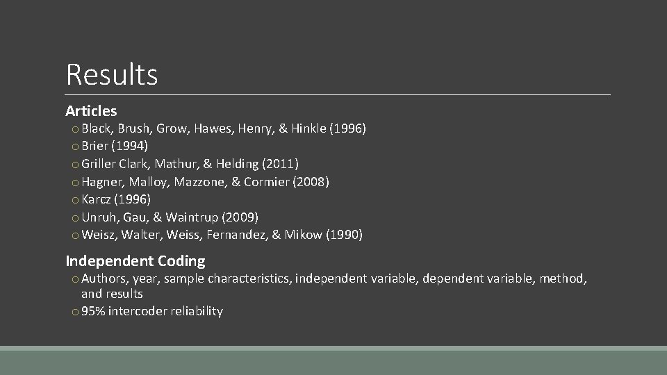 Results Articles o Black, Brush, Grow, Hawes, Henry, & Hinkle (1996) o Brier (1994) Results Articles o Black, Brush, Grow, Hawes, Henry, & Hinkle (1996) o Brier (1994)