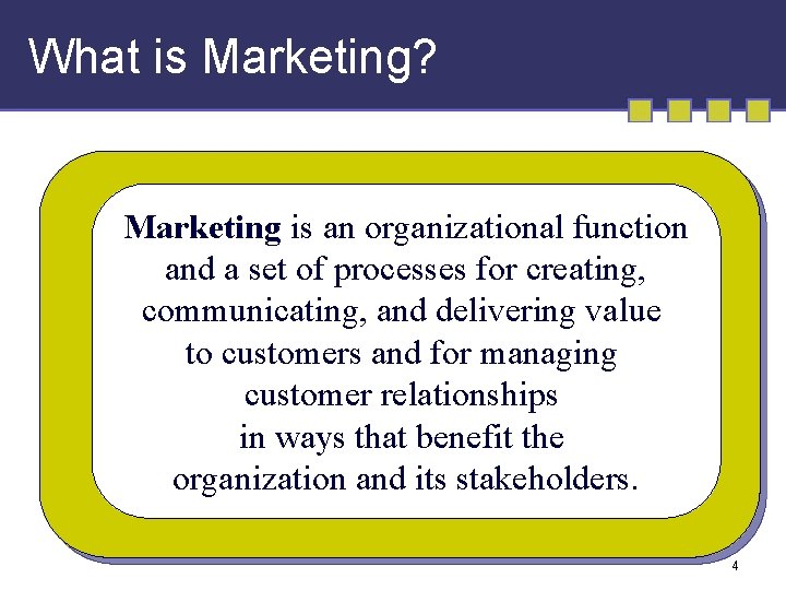 What is Marketing? Marketing is an organizational function and a set of processes for